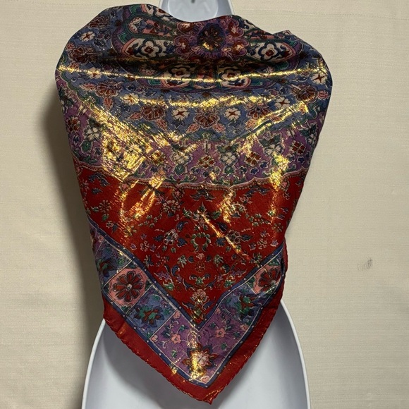 Metallic Asian print scarf 75% rayon rolled hem 3.5X34.5 NEW OR LIKE NEW - Picture 6 of 14